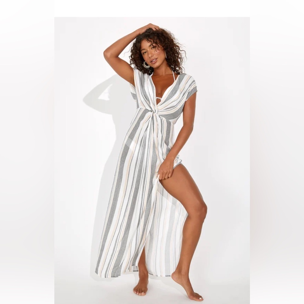 Lulus Coastal Grooves White Multi Striped Swim Coverup - Size L